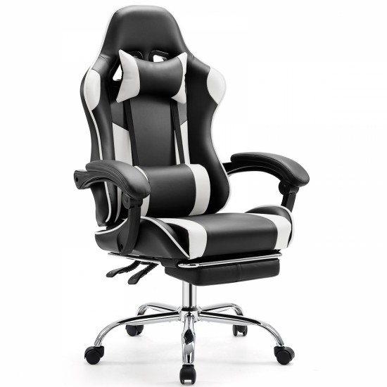 Video Game Desk Chair - Ergonomic Computer with Footrest and Comfy Lumbar Support, PU Leather Recliner with Headrest, Fixed Up Armrest, Height Adjustable with 360° Swivel, for Adults, white