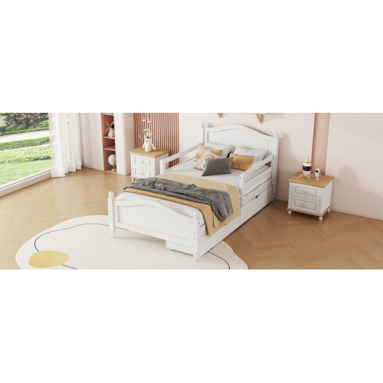 Twin Size Wood Platform Bed with Guardrails on Both Sides and Two Storage Drawers ,White