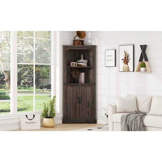 Tall Corner Cabinet with Doors for living room, bathroom,Dining Room or Kitchen,color:Dark walnut