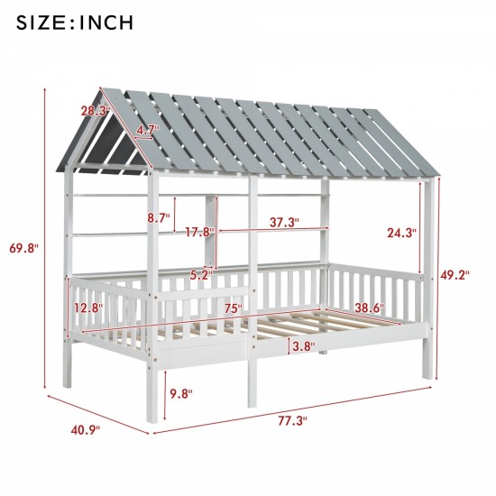 Wood Twin Size House Bed with Roof, Guardrail and Shelves, White