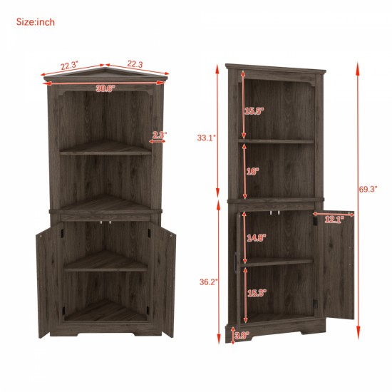 Tall Corner Cabinet with Doors for living room, bathroom,Dining Room or Kitchen,color:Dark walnut