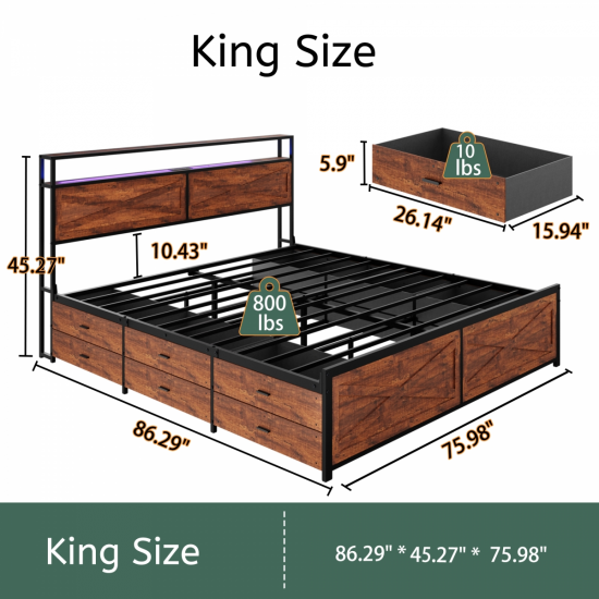 King Bed Frame with Storage Headboard and 12 Drawers LED Lights, Metal Platform Non-Slip Without Noise Mattress Foundation Strong Metal Slats Support,No Box Spring Needed