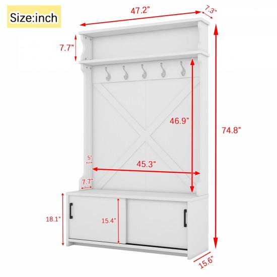 Hall Tree with Top Shelf and Storage Bench, Hallway Shoe Cabinet with Sliding Doors, Coat Rack with 5 Hanging Hooks for Entryways Hallways,White