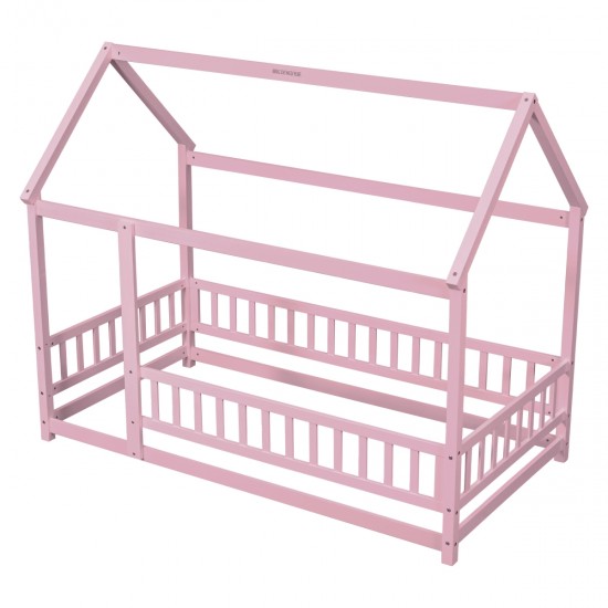 Twin Size Floor Wooden Bed with House Roof Frame, Fence Guardrails,Pink