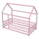 Twin Size Floor Wooden Bed with House Roof Frame, Fence Guardrails,Pink