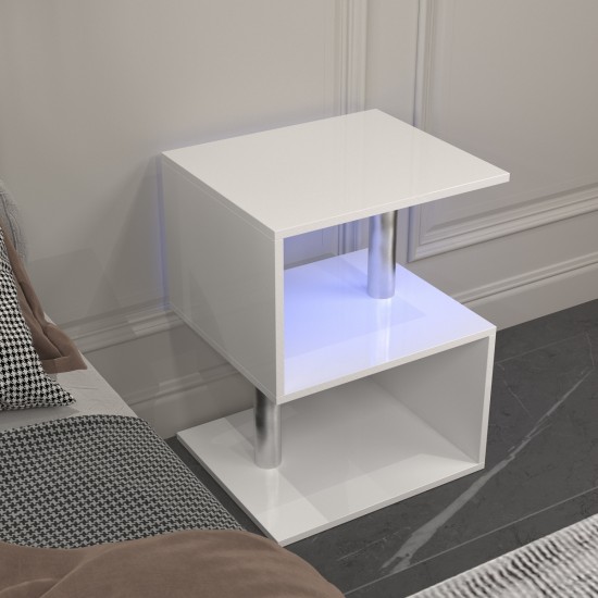 3 Tier S-Shaped End Table,High Gloss Side Table With Open Storage Shelf And USB Power Supply,White LED Coffee Table for Living Room,Bedroom.