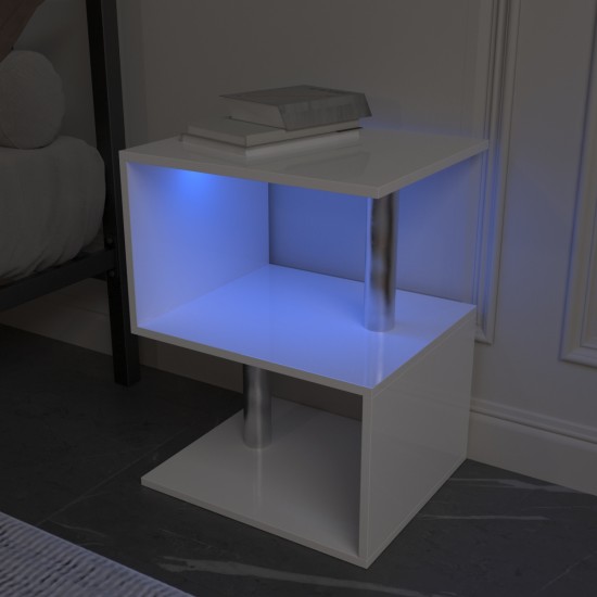 3 Tier S-Shaped End Table,High Gloss Side Table With Open Storage Shelf And USB Power Supply,White LED Coffee Table for Living Room,Bedroom.