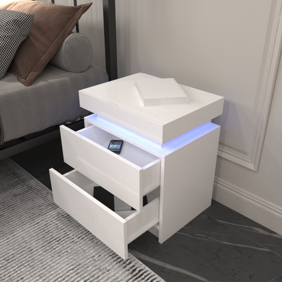 Modern white Nightstand With 2 Storage Drawers,Led Lights, End Table For Bedroom Furniture