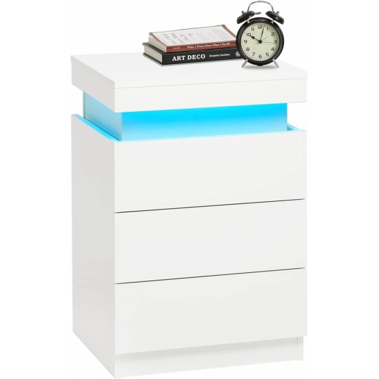 LED White Nightstand With 3 Drawers, Modern Multi-Colour LED Night Table Bedside Tables for Bedroom, Living Room