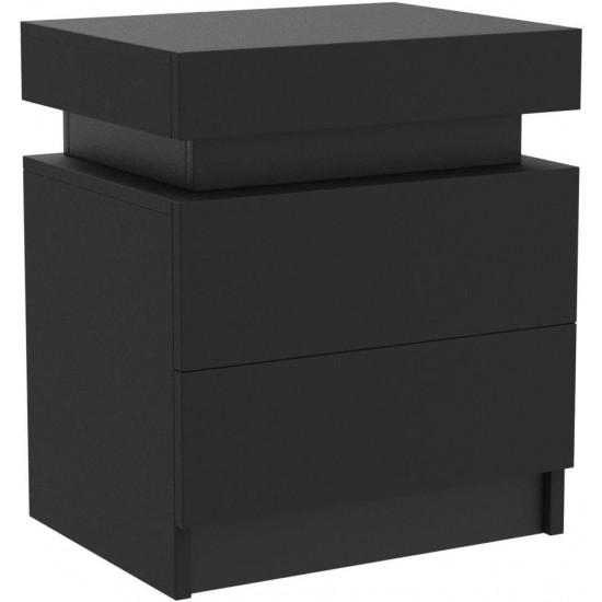 Modern Black LED Nightstand with Led Lights Bedside table with 2 High Gloss Drawers for Bedroom