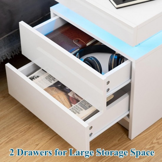 Modern white Nightstand With 2 Storage Drawers,Led Lights, End Table For Bedroom Furniture