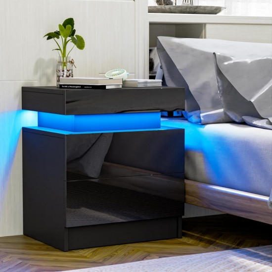 Modern Black LED Nightstand with Led Lights Bedside table with 2 High Gloss Drawers for Bedroom