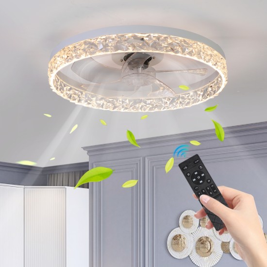 Modern Acrylic Ceiling Fan Light with Remote Control, Dimmable LED Chandelier, 6-Speed Adjustable, Quiet Motor, Flush Mount Design for Living Room, Bedroom, Dining Room