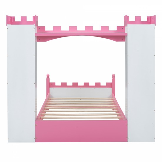 Castle-Shaped Wooden Bed with Storage Shelf, Dreamy Twin Size Platform Bed for Kids Bedroom, White + Pink(Expected Arrival Time:8.14)