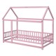 Twin Size Floor Wooden Bed with House Roof Frame, Fence Guardrails,Pink