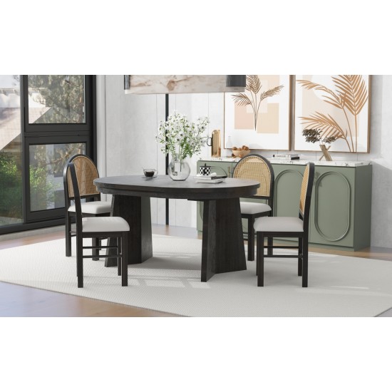 TREXM 5-Piece Retro Functional Dining Set with 1 Extendable Dining Table and 4 Upholstered Chairs with Rattan Backrests for Dining Room and Kitchen (Espresso)