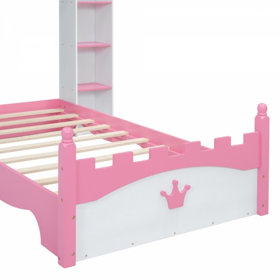 Castle-Shaped Wooden Bed with Storage Shelf, Dreamy Twin Size Platform Bed for Kids Bedroom, White + Pink(Expected Arrival Time:8.14)