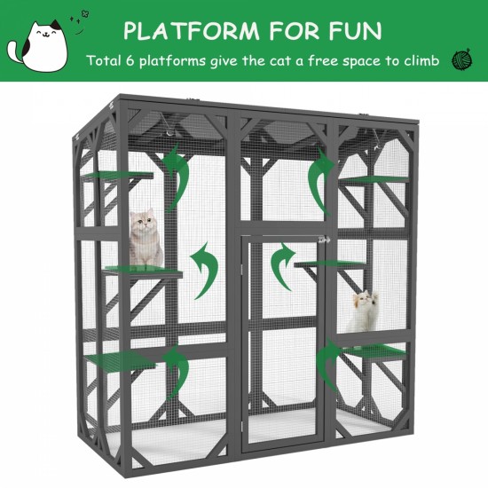 Catio Outdoor Cat Enclosure Cat House Wooden Cat Cage Large Feral Cat Shelter for Mulitiple Cats with Six Platforms, Large Enter Door, Waterproof Roof 60