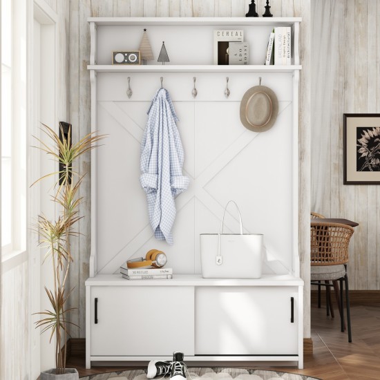 Hall Tree with Top Shelf and Storage Bench, Hallway Shoe Cabinet with Sliding Doors, Coat Rack with 5 Hanging Hooks for Entryways Hallways,White