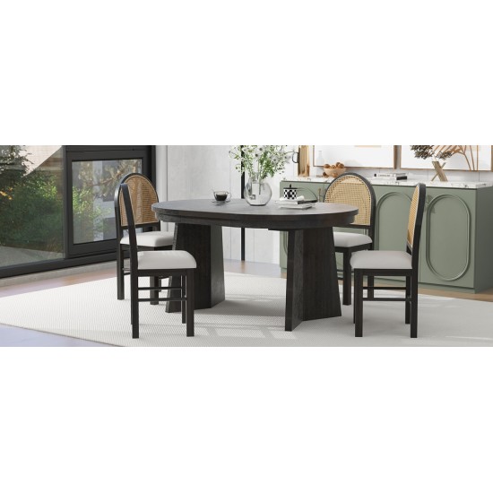 TREXM 5-Piece Retro Functional Dining Set with 1 Extendable Dining Table and 4 Upholstered Chairs with Rattan Backrests for Dining Room and Kitchen (Espresso)