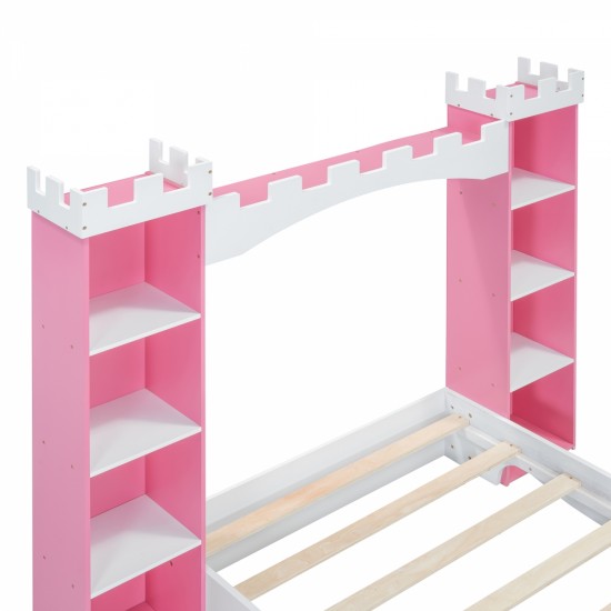 Castle-Shaped Wooden Bed with Storage Shelf, Dreamy Twin Size Platform Bed for Kids Bedroom, White + Pink(Expected Arrival Time:8.14)