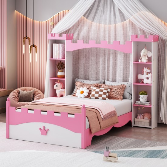 Castle-Shaped Wooden Bed with Storage Shelf, Dreamy Twin Size Platform Bed for Kids Bedroom, White + Pink(Expected Arrival Time:8.14)