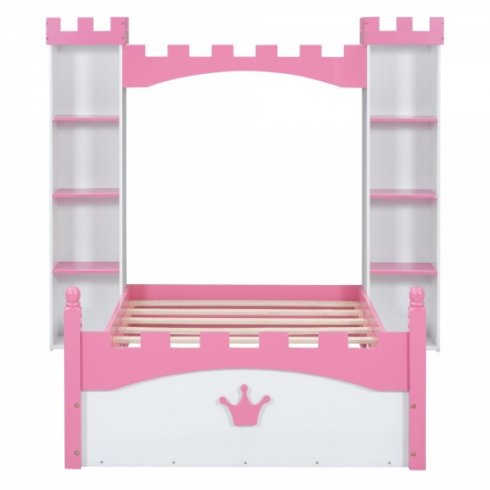 Castle-Shaped Wooden Bed with Storage Shelf, Dreamy Twin Size Platform Bed for Kids Bedroom, White + Pink(Expected Arrival Time:8.14)