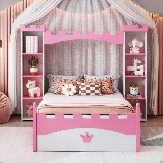 Castle-Shaped Wooden Bed with Storage Shelf, Dreamy Twin Size Platform Bed for Kids Bedroom, White + Pink(Expected Arrival Time:8.14)