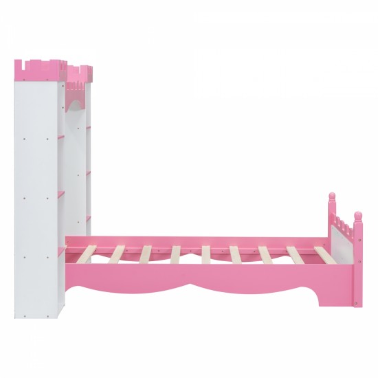 Castle-Shaped Wooden Bed with Storage Shelf, Dreamy Twin Size Platform Bed for Kids Bedroom, White + Pink(Expected Arrival Time:8.14)