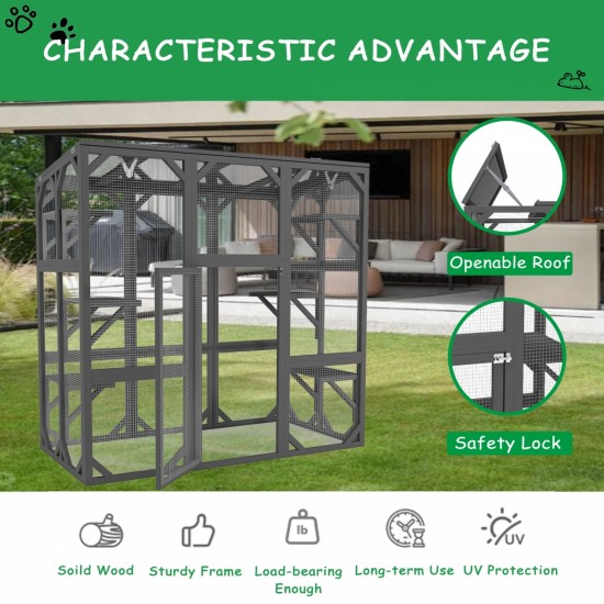 Catio Outdoor Cat Enclosure Cat House Wooden Cat Cage Large Feral Cat Shelter for Mulitiple Cats with Six Platforms, Large Enter Door, Waterproof Roof 60