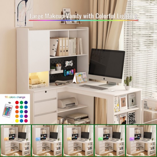 L Shaped Desk with Charger,Computer Desk with Drawers,Bookshelf & Hutchwith LED Light,Modern Corner Desk,Home Office Desk,L-Shaped Study Table Writing Desk,Corner Gaming Computer Desk with Storage