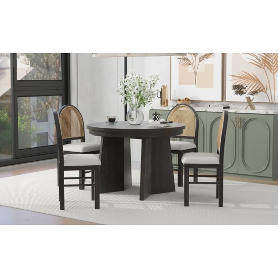 TREXM 5-Piece Retro Functional Dining Set with 1 Extendable Dining Table and 4 Upholstered Chairs with Rattan Backrests for Dining Room and Kitchen (Espresso)