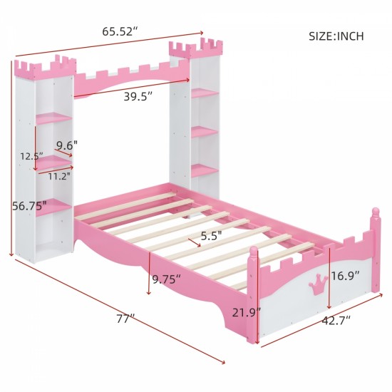 Castle-Shaped Wooden Bed with Storage Shelf, Dreamy Twin Size Platform Bed for Kids Bedroom, White + Pink(Expected Arrival Time:8.14)