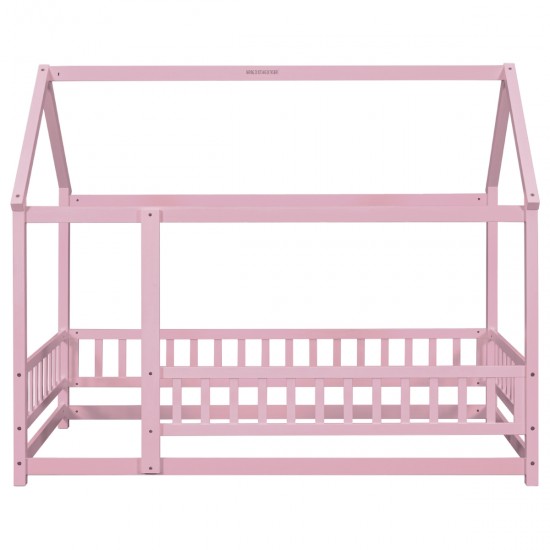 Twin Size Floor Wooden Bed with House Roof Frame, Fence Guardrails,Pink