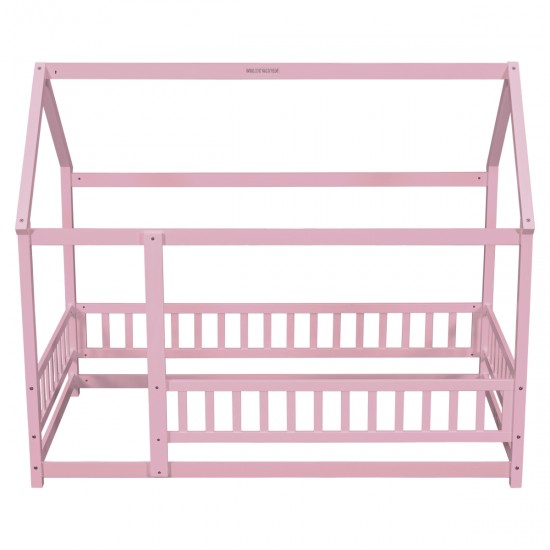 Twin Size Floor Wooden Bed with House Roof Frame, Fence Guardrails,Pink