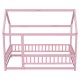 Twin Size Floor Wooden Bed with House Roof Frame, Fence Guardrails,Pink