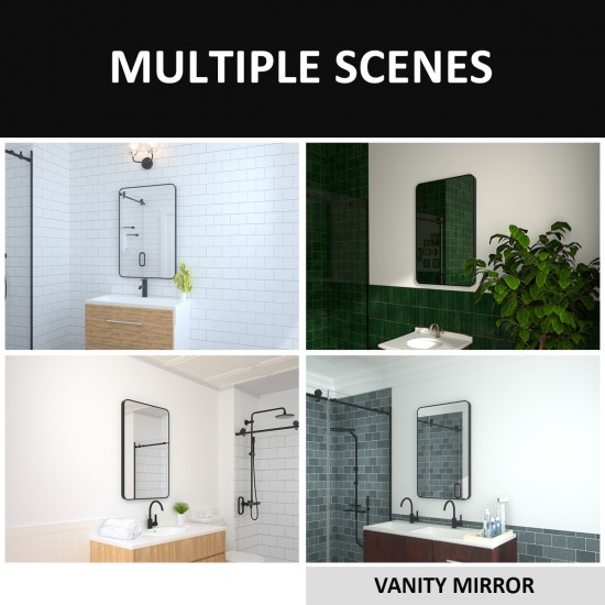 24x36 In. Aluminum Framed Rounded Rectangle Bathroom Wall Mirror, Matte Black Bathroom Vanity Mirror Farmhouse, Anti-Rust, Tempered Glass mirrors, Hangs Horizontally or Vertically