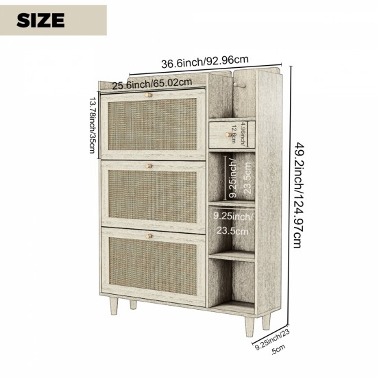 Natural Bohemia Style Shoe Cabinet, Shoe Rack Cabinet with 3 Rattan Flip Drawers,3 Square Shelves and 1 Storage Drawer, Shoe Organizer with Mulit Storage Space and Hooks for Hallway, Entryway, White