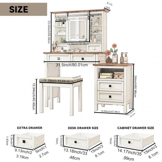 46.5'' Farmhouse Makeup Vanity Desk with Adjustible LED Lighted Mirror and Charging Station for Bedroom, Rustic Dressing Vanity Table with Side Cabinet and Cushioned Stool for Women