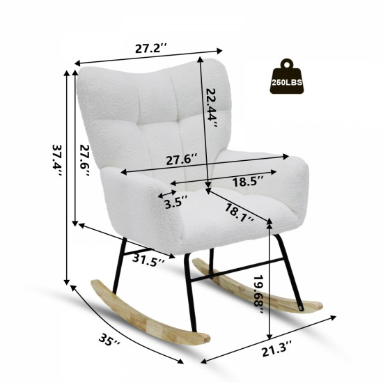 Modern Rocking Chair,Teddy Fabric Chair with High Backrest,Rocking Accent Chairs for Nursery,Living Room,Bedroom(White)