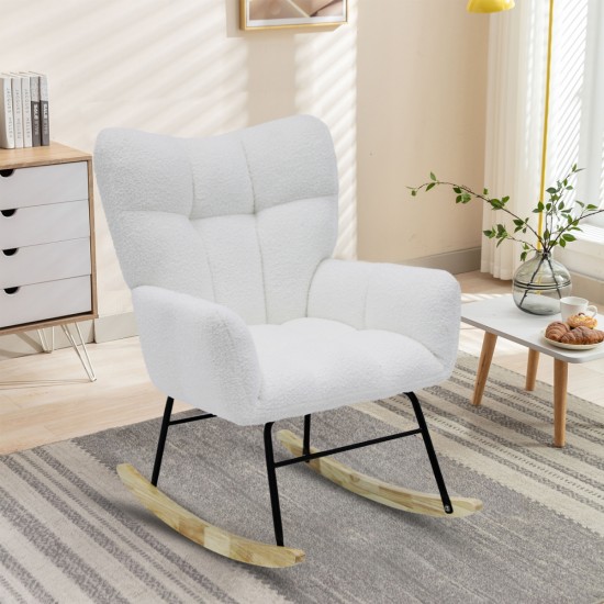 Modern Rocking Chair,Teddy Fabric Chair with High Backrest,Rocking Accent Chairs for Nursery,Living Room,Bedroom(White)