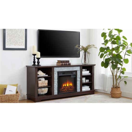 Faux Stacked Stone TV Media Stand with Open Storage Modern Entertainment Console  Space with 18