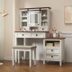 46.5'' Farmhouse Makeup Vanity Desk with Adjustible LED Lighted Mirror and Charging Station for Bedroom, Rustic Dressing Vanity Table with Side Cabinet and Cushioned Stool for Women