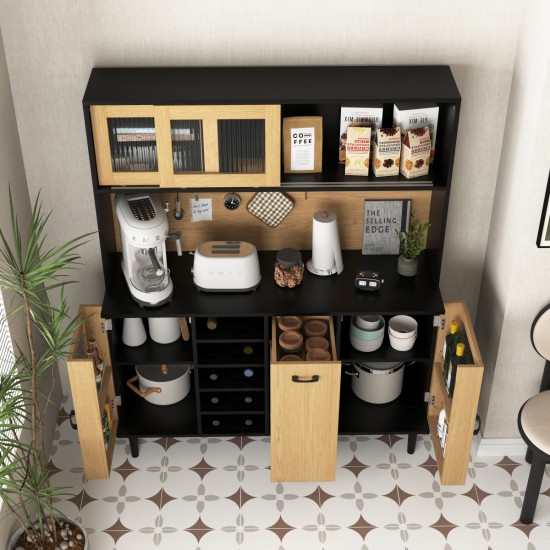 59 Inch H Buffet Sideboard Cabinet with Storage Door & Power Outlet, Farmhouse Coffee Bar Cabinet with Wine Rack, Kitchen Pantry Living Room Black&Natural