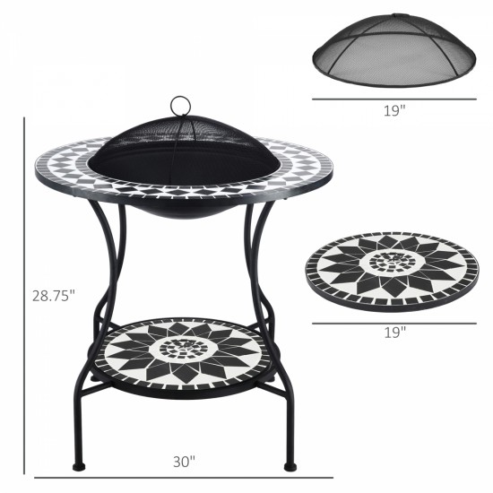 30 Inch Outdoor Fire Pit Dining Table, 3-in-1 Round Wood Burning Fire Pit Bowl, Patio Ice Bucket with Storage Shelf, Spark Screen Cover for BBQ, Bonfire, Camping, Mosaic