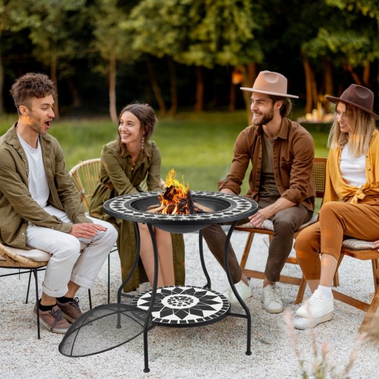 30 Inch Outdoor Fire Pit Dining Table, 3-in-1 Round Wood Burning Fire Pit Bowl, Patio Ice Bucket with Storage Shelf, Spark Screen Cover for BBQ, Bonfire, Camping, Mosaic