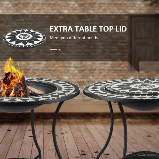 30 Inch Outdoor Fire Pit Dining Table, 3-in-1 Round Wood Burning Fire Pit Bowl, Patio Ice Bucket with Storage Shelf, Spark Screen Cover for BBQ, Bonfire, Camping, Mosaic