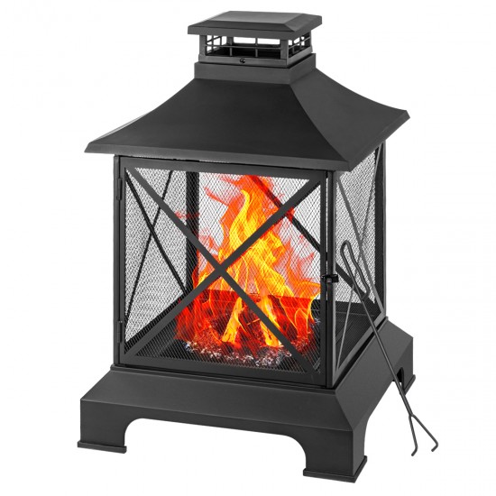 24 Inch Pagoda-Style Steel Wood-Burning Fire Pit with Log Grate and Poker - Black High-Temperature Paint Finish