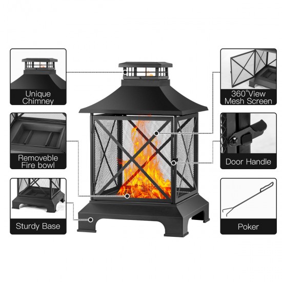 24 Inch Pagoda-Style Steel Wood-Burning Fire Pit with Log Grate and Poker - Black High-Temperature Paint Finish