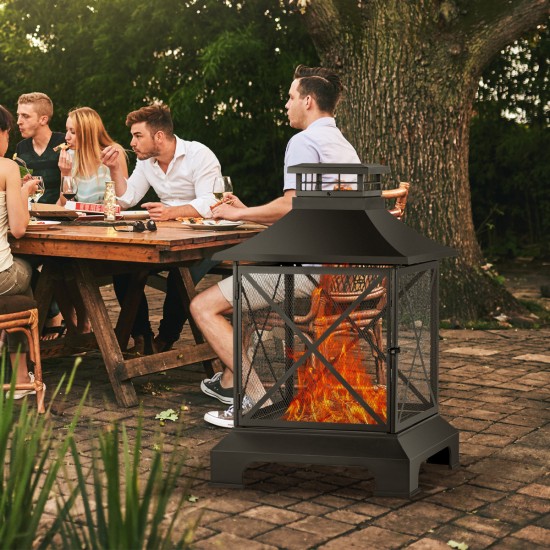 24 Inch Pagoda-Style Steel Wood-Burning Fire Pit with Log Grate and Poker - Black High-Temperature Paint Finish